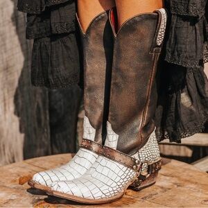 Freebird Brown and White Croc-Embossed Cowgirl Boots